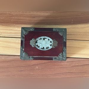 Antique Chinese Asian Wood Brass Jewelry Box Carved Jade Stone 3x4x2”
